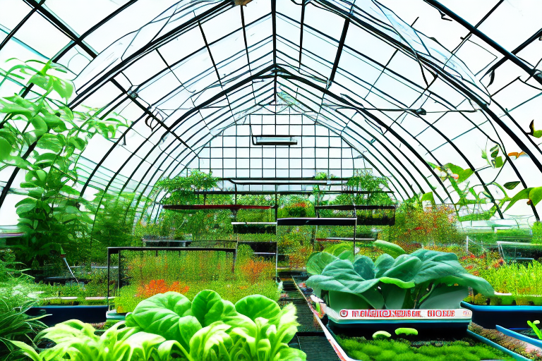 A greenhouse with an aquaponics system