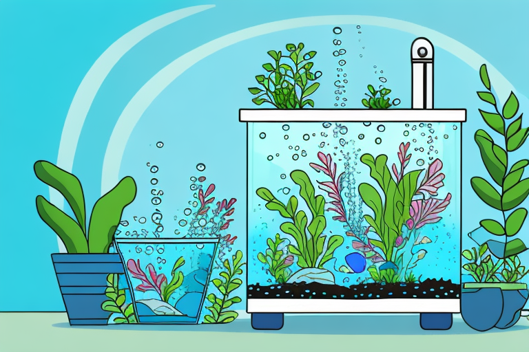 A fish tank with a water filter and a plant growing in the water