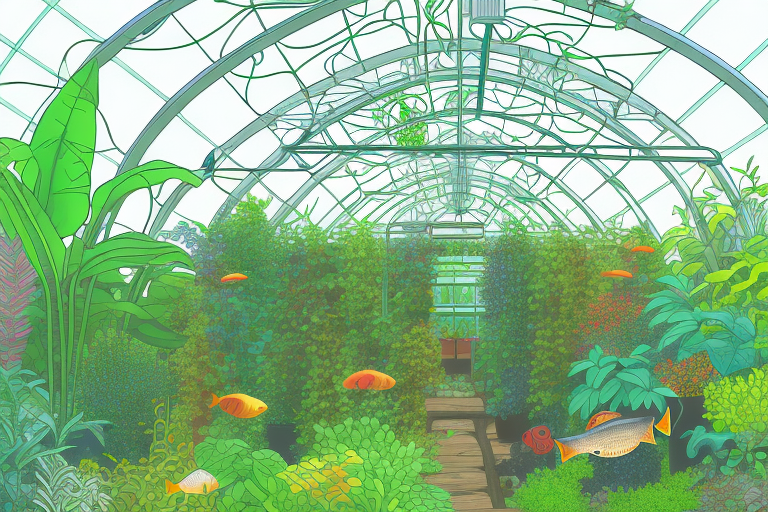 An aquaponics system with plants and fish in a greenhouse