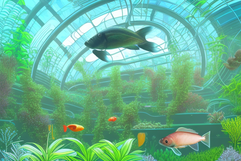 A futuristic aquaponics system with a variety of plants and fish