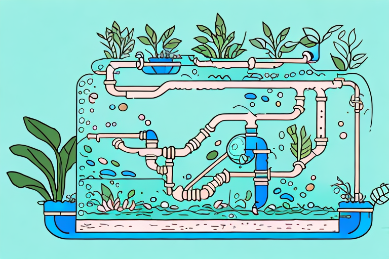 A fish tank with a system of pipes and plants connected to it